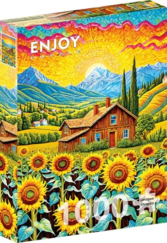 1000 Pieces Jigsaw Puzzle – Matte Finish, Soft Touch, Sturdy and Unique Pieces, Tight Fit, Vivid Colors, Missing Pieces Service – House with Sunflower Garden in Mountains Landscape – by ENJOY Puzzle von Enjoy puzzle