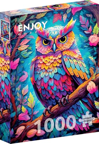 1000 Pieces Jigsaw Puzzle for Adults – Matte Finish, Soft Touch, Sturdy and Unique Pieces, Tight Fit, Vivid Colors, Missing Pieces Service – Neon Forest Owl in Spring Flower Tree – by ENJOY Puzzle von Enjoy puzzle