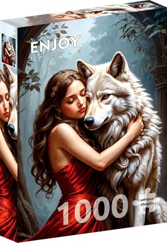 1000 Pieces Jigsaw Puzzle for Adults – Matte Finish, Soft Touch, Sturdy and Unique Pieces, Tight Fit, Vivid Colors, Missing Pieces Service – Beautiful Woman with Wild Wolf Portrait – by ENJOY Puzzle von Enjoy puzzle