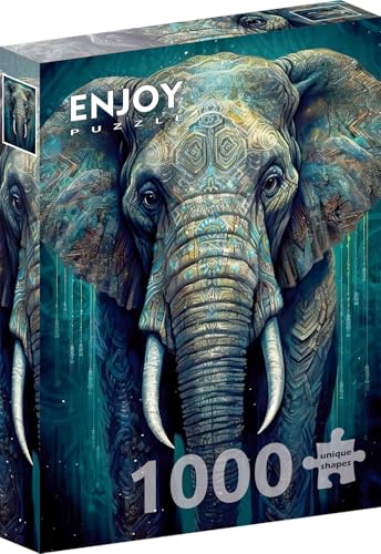 1000 Pieces Jigsaw Puzzle – Matte Finish, Soft Touch, Sturdy and Unique Pieces, Tight Fit, Vivid Colors, Missing Pieces Service – Wild Asian Elephant with Oriental Patterns Portrait – by ENJOY Puzzle von Enjoy puzzle