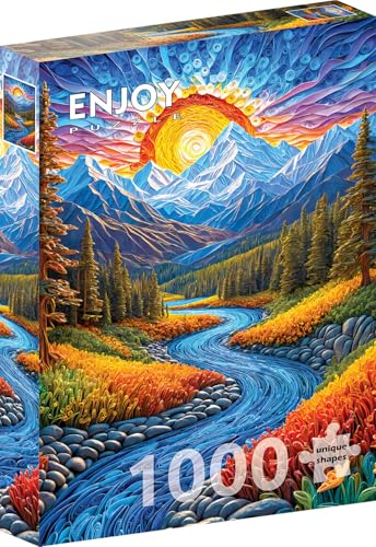 1000 Pieces Jigsaw Puzzle – Matte Finish, Soft Touch, Sturdy and Unique Pieces, Tight Fit, Vivid Colors, Missing Pieces Service – Forest Sunrise Landscape with Mountains and River – by ENJOY Puzzle von Enjoy puzzle