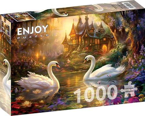 1000 Pieces Jigsaw Puzzle for Adults – Matte Finish, Soft Touch, Sturdy and Unique Pieces, Tight Fit, Vivid Colors, Missing Pieces Service – Swans Flower Pond and Fantasy Forest House by ENJOY Puzzle von Enjoy puzzle