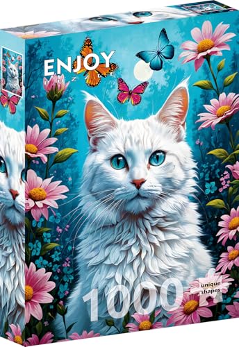 1000 Pieces Jigsaw Puzzle for Adults – Matte Finish, Soft Touch, Sturdy and Unique Pieces, Tight Fit, Vivid Colors, Missing Pieces Service – White Cat in Flower Garden Illustration – by ENJOY Puzzle von Enjoy puzzle