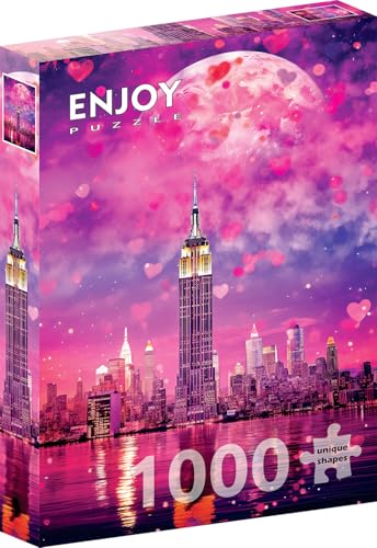 1000 Pieces Jigsaw Puzzle – Matte Finish, Soft Touch, Sturdy and Unique Pieces, Tight Fit, Vivid Colors, Missing Pieces Service – New York City Skyline with Moon and Pink Love Hearts – by ENJOY Puzzle von Enjoy puzzle