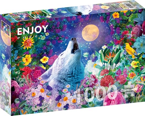 1000 Pieces Jigsaw Puzzle for Adults – Matte Finish, Soft Touch, Sturdy and Unique Pieces, Tight Fit, Vivid Colors, Missing Pieces Service – Wild Wolf in Full Moon Night Flower Garden by ENJOY Puzzle von Enjoy puzzle