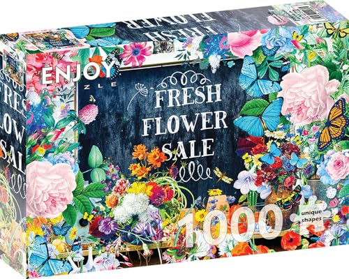 1000 Pieces Jigsaw Puzzle – Matte Finish, Soft Touch, Sturdy and Unique Pieces, Tight Fit, Vivid Colors, Missing Pieces Service – Flower Market with Fresh Blooms and Butterfly Collage by ENJOY Puzzle von Enjoy puzzle