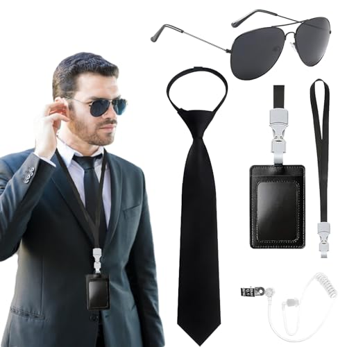 Enjoyaa Agentenkostümzubehör Set,4 PCs Sicherheitswächter Cosplay Kit mit Sonnenbrille,Krawatte, Kartenhalter,Ohrhörer Tube für Erwachsene,Kinder Cosplay Dress up Party von Enjoyaa