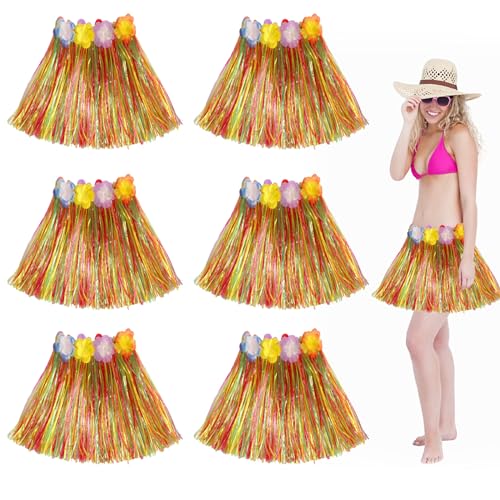 Enjoyaa Hula Gras Rock,6 PCs 40 cm Hawaiianische Leis Tanzkleid mit Blume, Elastischer Rock Farbenfrohe/Grüne Strohfarbe für Hawaiian Aloha Beach Sommer Party Zubehör (Bunt) von Enjoyaa