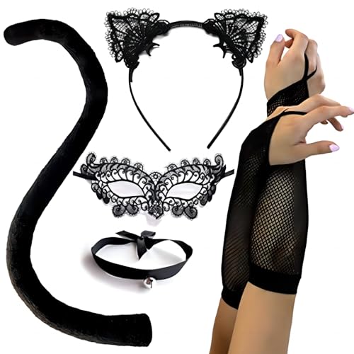 Enjoyaa Katze Maskerade Maske Für Halloween,Maskerade Katzenfrau Verkleidung Für Halloween,Katzenohren Kopfschmuck,Halskette,Katzenschwanz,Katzenaugenabdeckung, Handschuhe, Cosplay Kostüme für Frauen von Enjoyaa