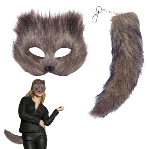 Enjoyaa Katzenmaske und Plüsch-Kunstpelzschwanz,Pelzige Fuchsmaske mit 30 cm langem Fuchsschwanz Cosplay Party Tierkostüm Anziehparty, Karneval Kostüm Requisite für Erwachsene,Kinder,Halloween (gray) von Enjoyaa