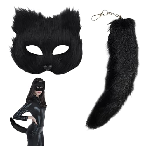 Katzenmaske und Plüsch-Kunstpelzschwanz,Pelzige Fuchsmaske mit 30 cm langem Fuchsschwanz Cosplay Party Tierkostüm Anziehparty, Karneval Kostüm Requisite für Erwachsene,Kinder,Halloween (black) von Enjoyaa