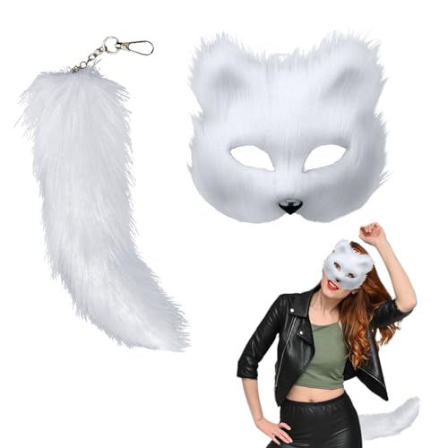 Katzenmaske und Plüsch-Kunstpelzschwanz,Pelzige Fuchsmaske mit 30 cm langem Fuchsschwanz Cosplay Party Tierkostüm Anziehparty, Karneval Kostüm Requisite für Erwachsene,Kinder,Halloween (white) von Enjoyaa