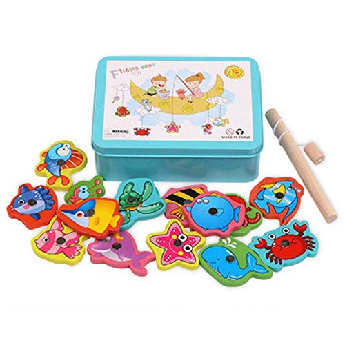 Enzege Angelspiel, magnetisch, Angelspiel, für Kleinkinder – enthält 15 Verschiedene Fische, 1 Rute, Puzzles aus Holz von Enzege