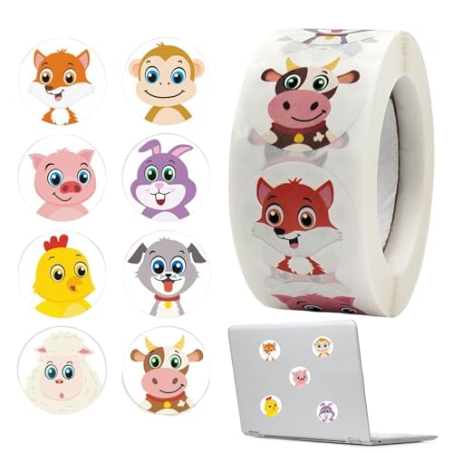 Eoixuqba Tierrolle Aufkleber | 500 Entzückende Farm Animal Sticker Sheets - Tieraufkleber für Kinder, Gastgeschenke, Geschenkanhänger, jeweils 2,5 cm im Durchmesser von Eoixuqba