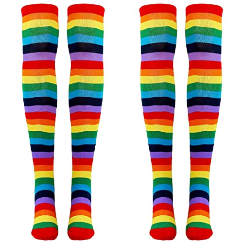 Eoslcusmvl 4X Regenbogengestreifte Socken Über Dem Knie Clown Gestreiftes Kostüm Hohe Strümpfe für Halloween Cosplay Partys von Eoslcusmvl