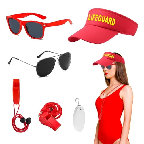 Eowppue Baywatch Kostüm - Das ultimative Set für den Strandretter Look: Roter Sonnenhut, Brille, Schwimmboje Schlüsselanhänger, Pfeife von Eowppue