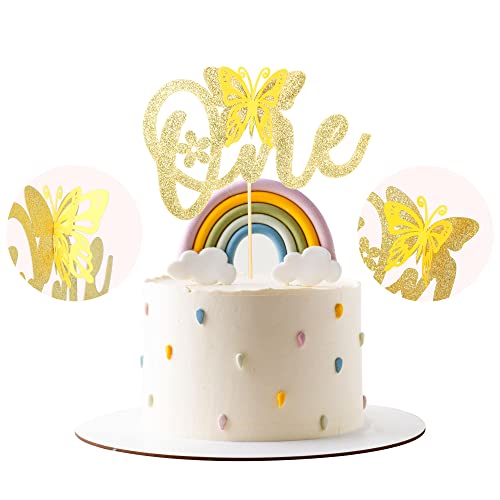 1 Packung Schmetterling One Cake Topper Gold Glitter Baby Shower Schmetterling 1. Geburtstag Kuchen Pick Dekorationen für Schmetterling Thema Babyparty 1. Geburtstag Party Zubehör von Ephlyn