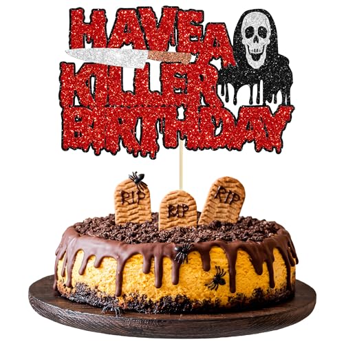 1 Stück Have a Killer Geburtstag Kuchen Topper Glitzer Horror Classic Halloween Killer Geburtstag Kuchen Pick für blutigen Horror Film Thema Geburtstag Baby Shower Party Kuchen Dekorationen Supplies von Ephlyn