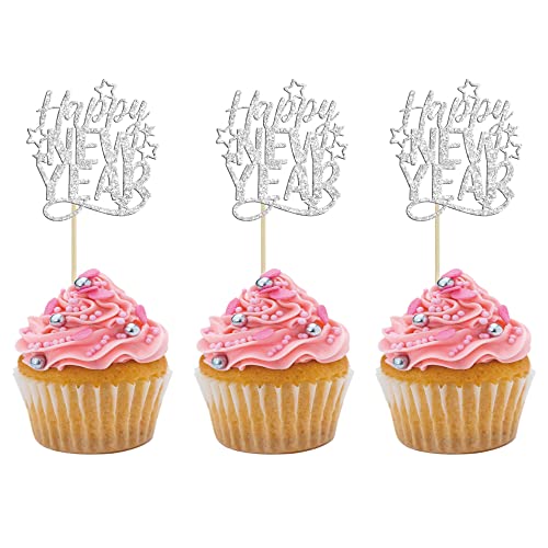 24 Stück Glitzer Happy New Year Cupcake Topper Hello 2023 Welcome to 2023 Happy New Year Cake Picks Dekorationen für 2023 Happy New Year Urlaub Thema Party Supplies Silber von Ephlyn