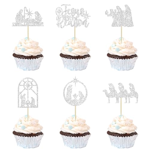 24 Stück Jesus Weihnachten Cupcake Topper Glitzer Religion Weihnachten Cupcake Picks Babyparty Gebet Weihnachtsdekoration Party Dekoration Supplies Silber von Ephlyn