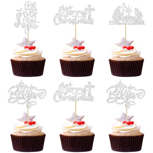 24 Stück Merry Christmas Krippe Cupcake Topper Glitzer Holy Night Blessed Hope Believe Jesus Geburtstag Cupcake Picks für Krippe Thema Weihnachten Party Supplies Silber von Ephlyn