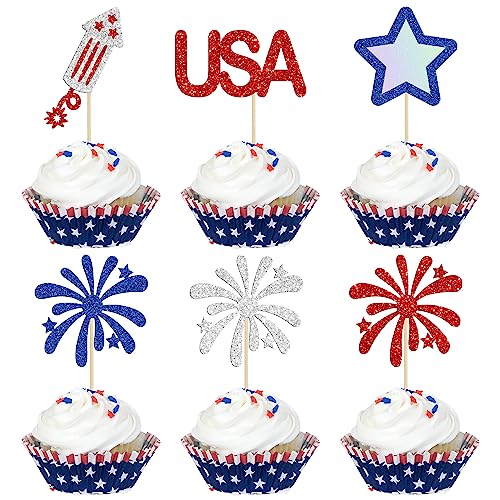 24 Stück Unabhängigkeitstag Cupcake Topper mit Feuerwerk Stern USA Patriotische Cupcake Picks Happy 4th of Juli American National Independence Day Thema Party Kuchen Dekorationen Supplies von Ephlyn