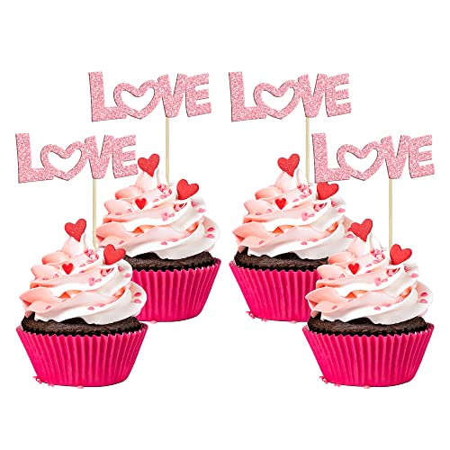 24 Stück Valentinstag Liebe Cupcake Topper Glitzer Rosa Schleife Sweet Love Cupcake Picks Valentinstag Thema Hochzeit Verlobung Brautdusche Geburtstag Party Kuchen Dekorationen Zubehör Pink von Ephlyn