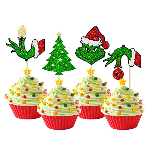 24 Stück glitzernde grüne Weihnachts-Cupcake-Topper rot grün Weihnachten Drink Up Cupcake Picks Frohe Grün Weihnachten Urlaub Thema Geburtstag Party Kuchen Dekorationen Zubehör von Ephlyn