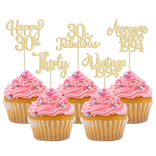 30 Stück Vintage 1993 Cupcake-Topper Glitzer Thirty Happy 30th Birthday 30 Fabulous Cupcake Picks Cheers to 30 Years for 30th Birthday Wedding Anniversary Party Cake Decorations Supplies Gold von Ephlyn