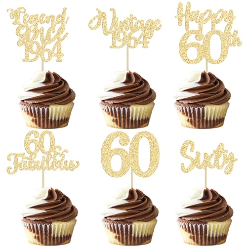 36 Stück Cupcake-Topper zum 60. Geburtstag, Goldglitzer-Legende seit 1962, Cupcake-Picks "Happy 60th Vintage 1962" Cupcake-Topper für 60th Birthday Wedding Anniversary Party Cake Decorations Supplies von Ephlyn