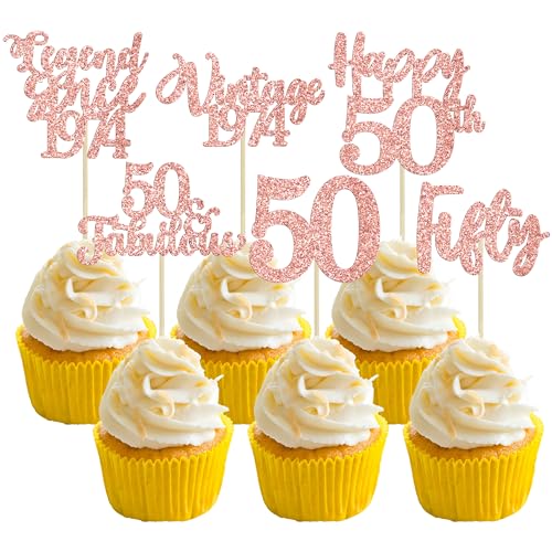 36 Stück Vintage 1972 Cupcake Toppers Rose Gold Glitter Fifty Happy 50th Birthday Cupcake Picks Legend Since 1972 50 fabelhafte Kuchendekorationen für 50. Geburtstag, Hochzeitstag, Partyzubehör von Ephlyn