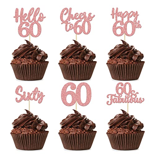 36 Stück rotgoldene Cupcake-Aufsätze zum 60. Geburtstag, Cheers to 60 Cake Toppers Sixty Happy 60th Number 60 Cupcake Picks for 60th Birthday Wedding Anniversary Party Cake Decorations Supplies von Ephlyn