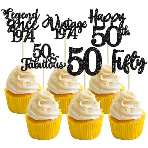 36 Stück schwarze glitzernde Cupcake-Topper zum 50. Geburtstag Vintage 1972 Legende seit 1972 FIFty Cupcake Picks Happy 50th 50 fabelhafte Cupcake Topper für 50th Birthday Wedding Anniversary Party Cake Decorations Supplies von Ephlyn