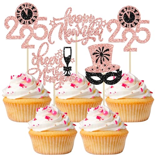 Cupcake-Topper für 2025 Happy New Year, Glitzer, Prost auf das neue Jahr, magischer Hut 2025 Uhr, Cupcake-Pick-Dekorationen für 2025 Happy New Years, Partyzubehör, Schwarz, Roségold, 24 Stück von Ephlyn