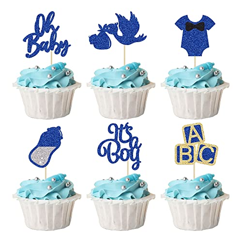 Cupcake-Topper mit Schleife, für Babyparty, Babyparty, dunkelblau, glitzernd, 24 Stück von Ephlyn