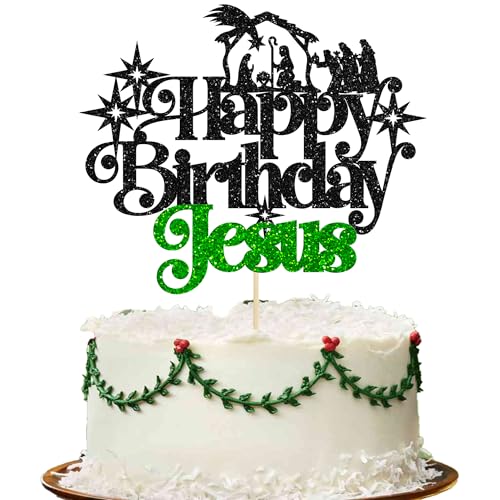 Ephlyn 1 x Happy Birthday Jesus Tortenaufsatz Glitzer Frohe Weihnachten Krippe Jesus Geburtstag Kuchen Pick für Krippe Thema Weihnachten Jesus Geburtstag Party Kuchen Dekorationen Zubehör Grün von Ephlyn