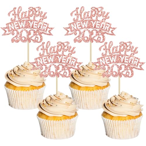 Ephlyn 24 Stück 2025 Happy New Year Cupcake Toppers Glitter Feuerwerk Hello 2025 Cupcake Picks für Cheers to 2025 Happy New Year Eve Thema Urlaub Party Kuchen Dekorationen Supplies Roségold von Ephlyn