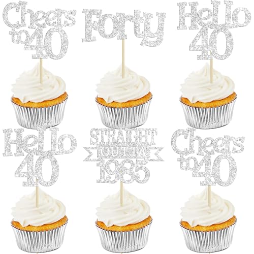 Ephlyn Cupcake-Topper "Happy 40th Birthday", glitzernd, 40 Stück, Motiv: Hello 40 Cheers to 40 Years Birthday Cake Decorations for 40th Birthday Anniversary Party Supplies Silver von Ephlyn