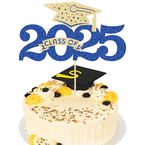 Ephlyn Tortenaufsatz 2025, glitzernd, Abschluss-Kappe, Kuchendekoration für 2025, Abschlussfeier, Party-Dekoration, Goldblau, 1 Stück von Ephlyn