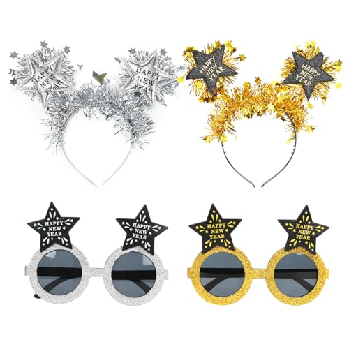 4 Stück Silvester Haarreif, Happy New Year Haarreifen + Brillen, Silber und Gold Stern Neujahr Stirnband, Silvester Kopfschmuck für Kinder Erwachsene 2025 Silvesterparty Haarschmuck Neujahrdeko von Epokus