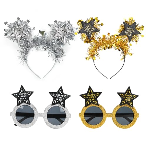 4 Stück Silvester Haarreif, Happy New Year Haarreifen + Brillen, Silber und Gold Stern Neujahr Stirnband, Silvester Kopfschmuck für Kinder Erwachsene 2025 Silvesterparty Haarschmuck Neujahrdeko von Epokus