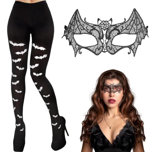 Epokus 2 Stück Halloween Fledermaus kostüm Damen, Fledermaus strumpfhose, Bat strü Zubehör Set, Fledermaus Masken, halloween Karneval Kostüm von Epokus