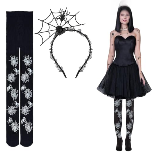 Epokus 3 Stück Halloween Spinnenkostüm Damen, Spinnenweben strumpfhose, Spinnennetz Zubehör Set, Spinnenweben Haarband, Spinnen Gesichtstattoos, Halloween Karneval Kostüm von Epokus