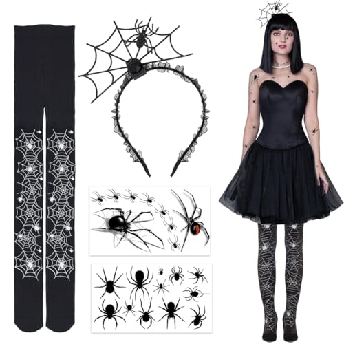 Epokus 3 Stück Halloween Spinnenkostüm Damen, Spinnenweben strumpfhose, Spinnennetz Zubehör Set, Spinnenweben Haarband, Spinnen Gesichtstattoos, Halloween Karneval Kostüm von Epokus