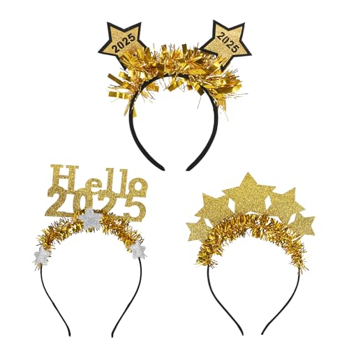 Epokus 3 Stück Silvester Haarreif, 2025 Happy New Year Haarreifen, Gold Stern Neujahr Stirnband, Silvester Kopfschmuck für Kinder Erwachsene 2025 Silvesterparty Haarschmuck Neujahrdeko von Epokus