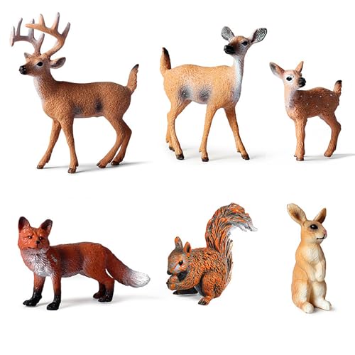 6 Stück Waldtiere Figuren, Miniatur Hirsch Ornamente, Fuchs Kaninchen Eichhörnchen Figuren, Weihnachten Mini Tierfiguren, Kinder Deer Geschenk für Geburtstag Wald Themenparty Cupcake Topper von Epokus