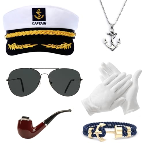 Epokus 6PC Kapitänsmütze, Kapitän Hut Kostüm Set, Schal, Sonnenbrille, Handschuhe, Verstellbare Marine Mütze, Kapitän Kostüm Herren Damen für Yacht Karneval Mottoparty Partys von Epokus