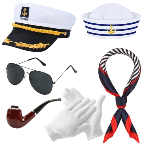 Epokus 6PC Kapitänsmütze Matrosenmütze, Kapitän Matrosen Hut Kostüm Set, Schal, Sonnenbrille, Handschuhe, Verstellbare Marine Mütze, Matrosen Kostüm Herren Damen für Yacht Karneval Mottoparty Partys von Epokus