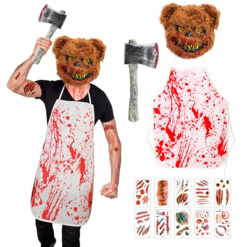 Epokus Horror-Bär Kostüm, Gruselige Halloween Männer Kostüme, Braun Horror Bärenmaske Blutige Axt Aufkleber Schürzefür für Erwachsene Herren Halloween Karneval Motto Grusel Cosplay Fasching Party von Epokus