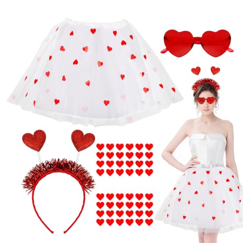 Karneval Kostüm Damen Tüllrock Weiß, Amor Kostüm Set, Weiß Tutu Rock, Herz Stirnband und Herzen Brille, 48pcs Herz Glitzer Sticker für Karneval Valentinstag Mottoparty Amor Kostüm Damen Accessoires von Epokus